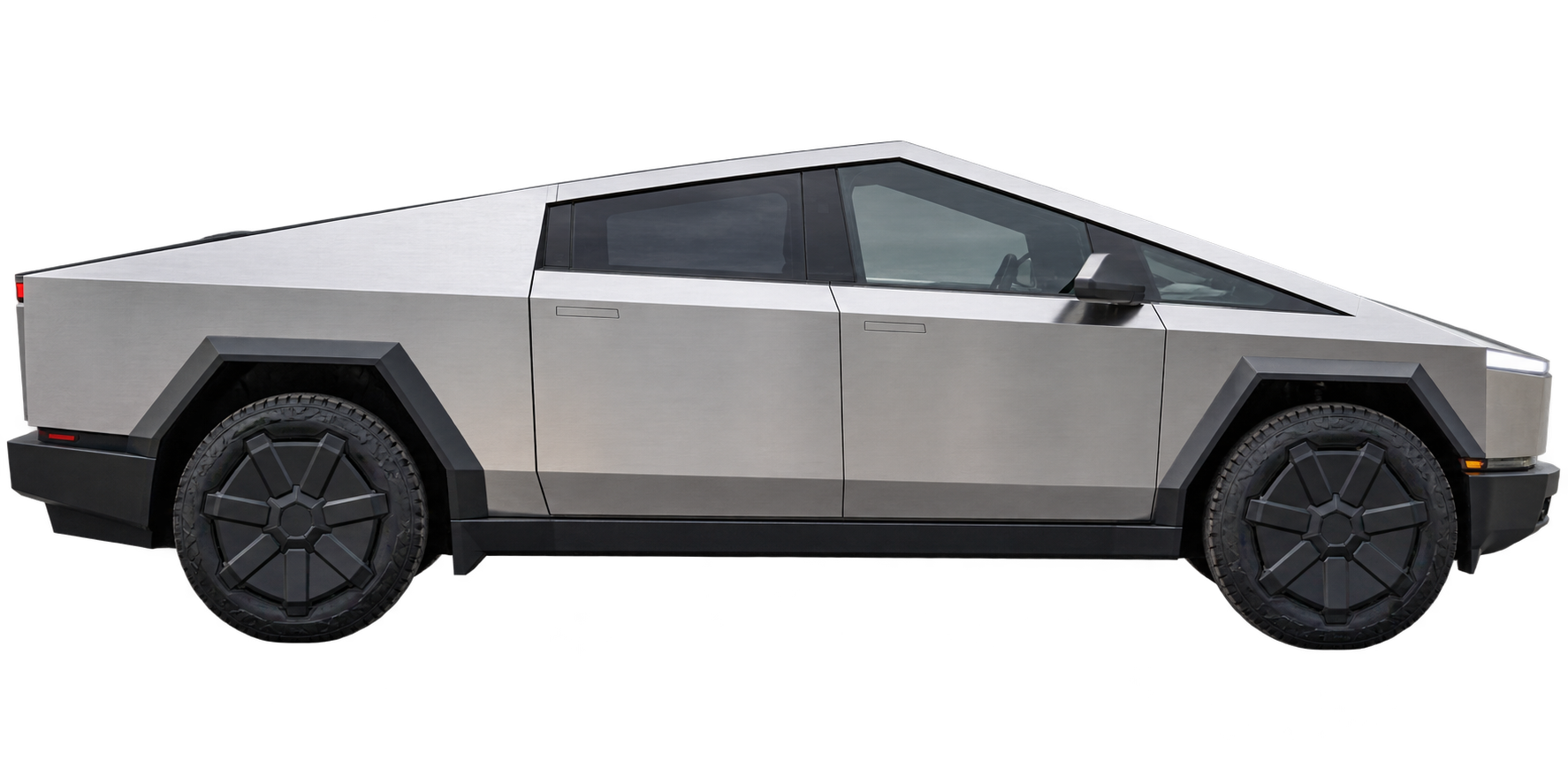 Photorealistic side view of a stainless steel Cybertruck